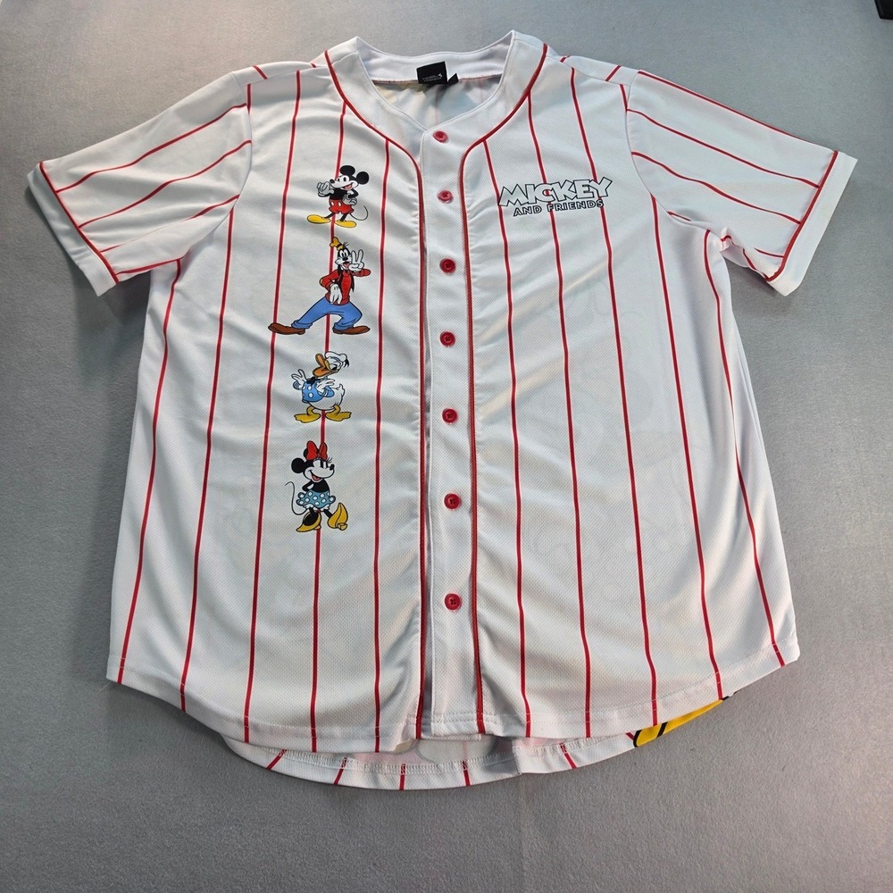 Disney Mickey & Friends Baseball Jersey Mens Large L White Red Pinstripe Mesh